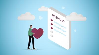 Illustration eines Mannes, der ein großes Herz hält, neben einer Wunschliste mit Herzen, umgeben von Wolken und einem blauen Hintergrund.