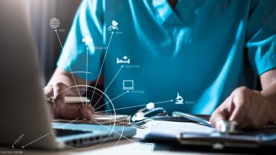 Arzt am Computer, Gesundheitssystem schematische Darstellung