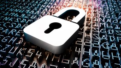Symbolbild IT-Sicherheit: Vorhängeschloss vor digitalisierten Buchstaben
