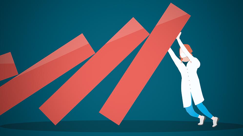 Illustration einer Person in weißem Kittel, die große rote Balken stützt, symbolisiert den Einsatz zur Stabilisierung oder Unterstützung in schwierigen Situationen.